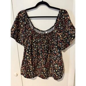 Time and Tru Women's 3x 22-24 Floral Smocked Top Black Floral Short Sleeve